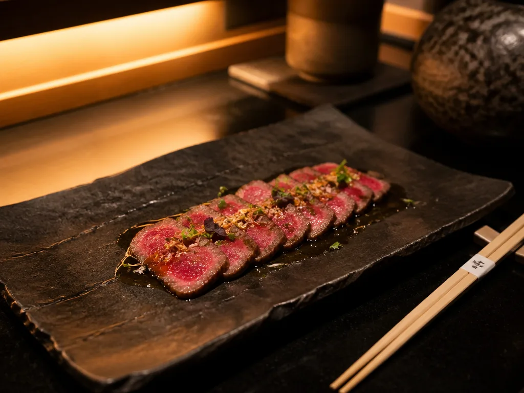 Wagyu beef tataki course on black slate plate