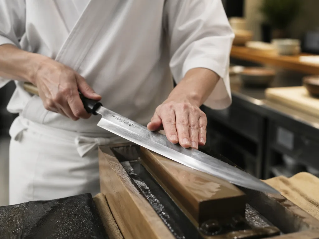 Japanese chef sharpening knife before omakase service