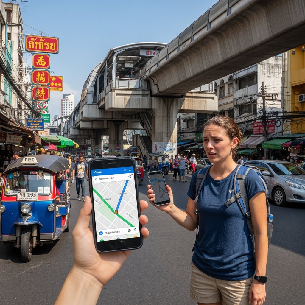Tourist using smartphone for navigation in Bangkok