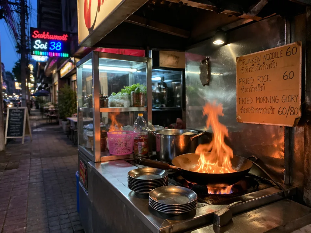 Busy Sukhumvit street food stall with active wok flame at dusk