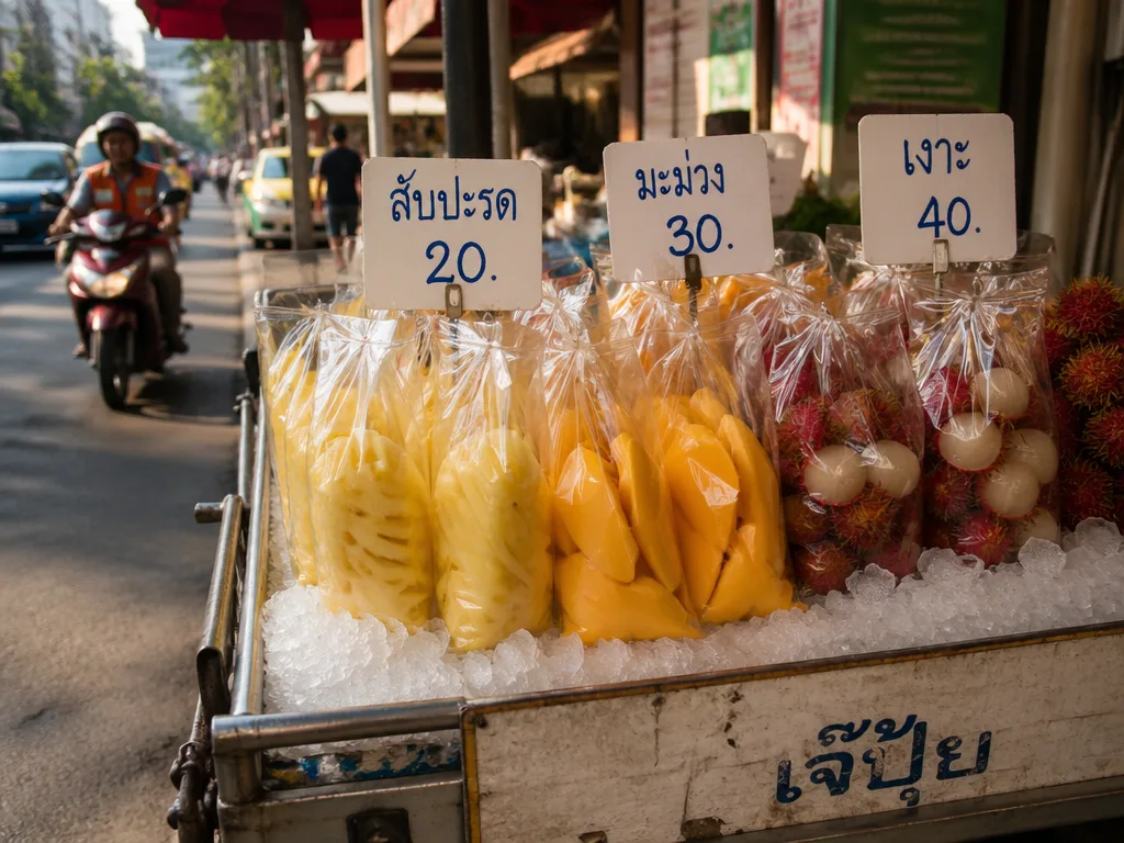 Sliced pineapple bag stack on a Bangkok fruit cart with ice