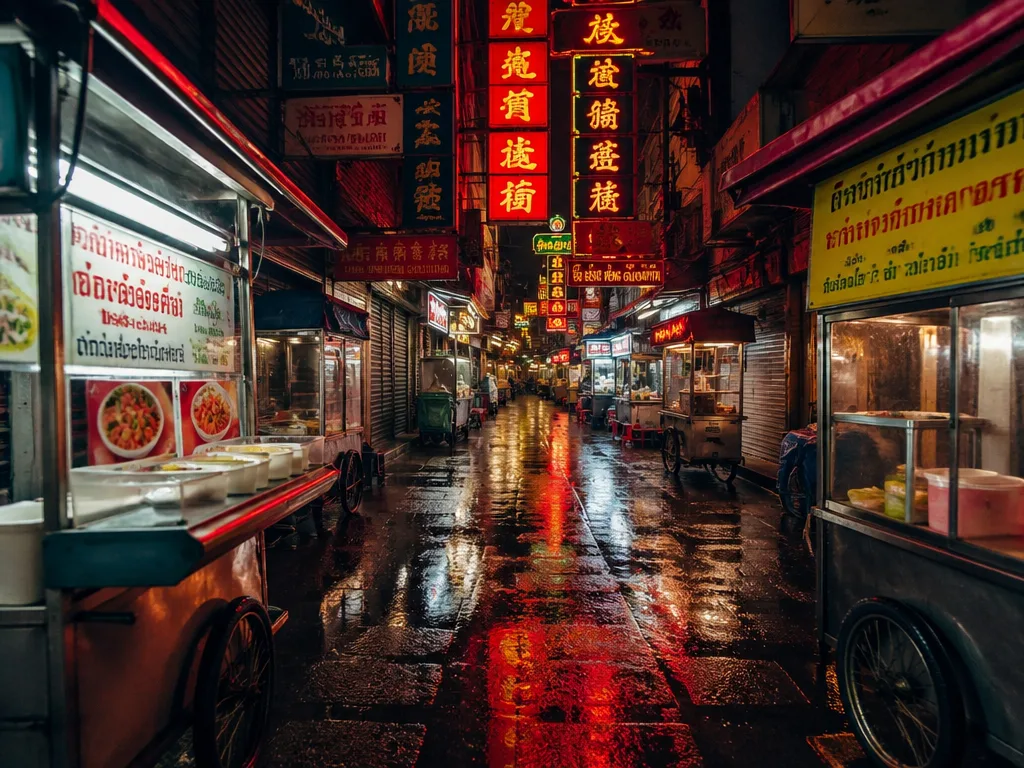Yaowarat Chinatown street food alley at night with neon glow