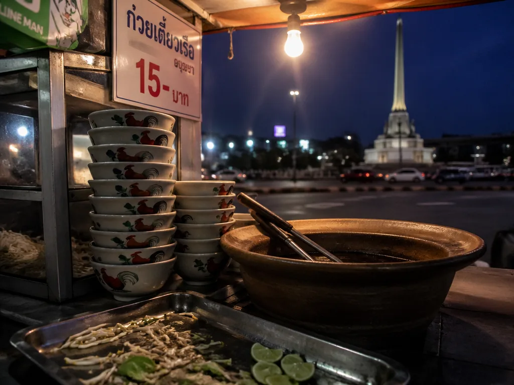 Boat noodle bowls stacked on Victory Monument hawker counter
