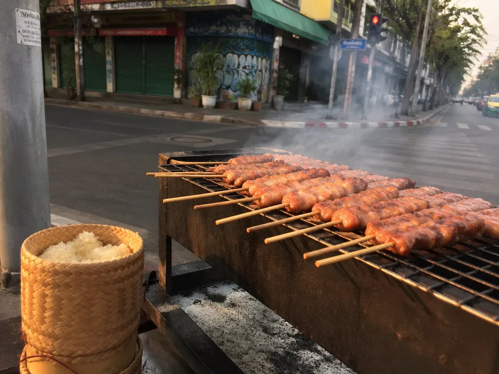 Charcoal grill with moo ping pork skewers on Bangkok street corner