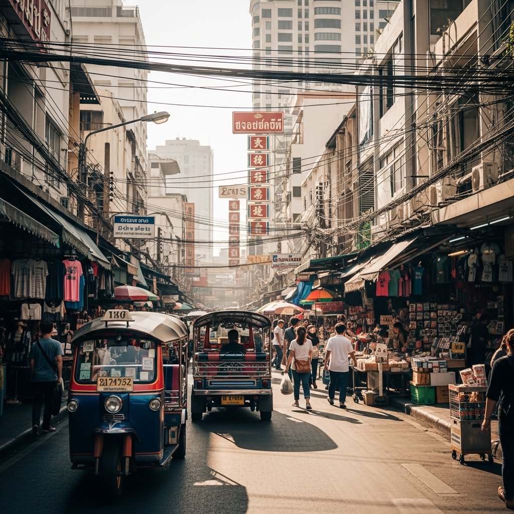 Bangkok street scene with local shops and signage