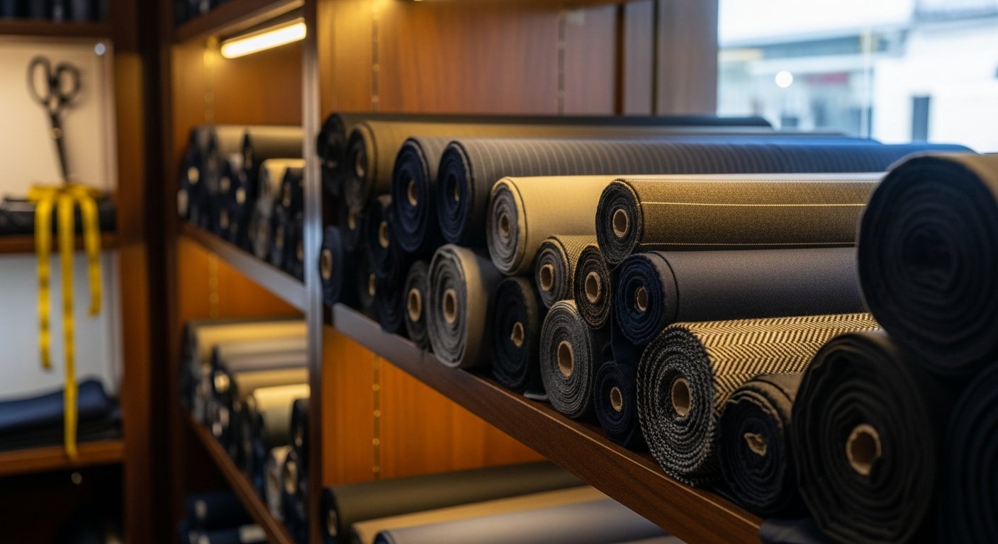 Fabric bolts and swatches at a Bangkok tailor shop