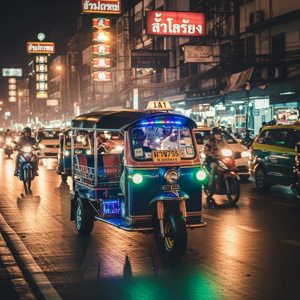 Bangkok tuk tuk on a busy street at night