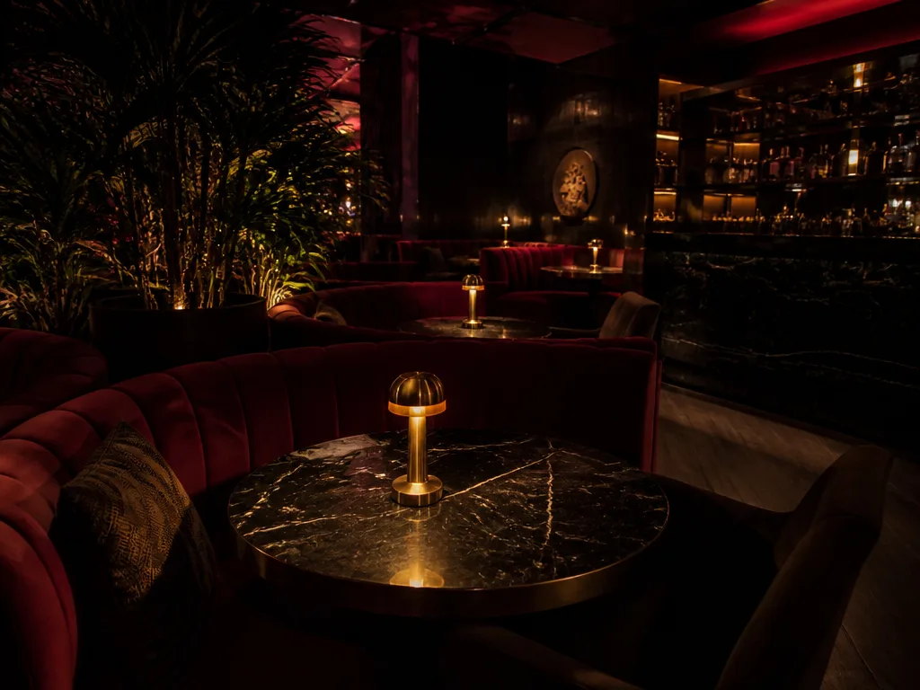 Moody upscale Bangkok nightclub interior with velvet booths