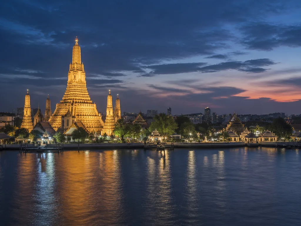 Wat Arun garden side with smaller chedis and ordination hall