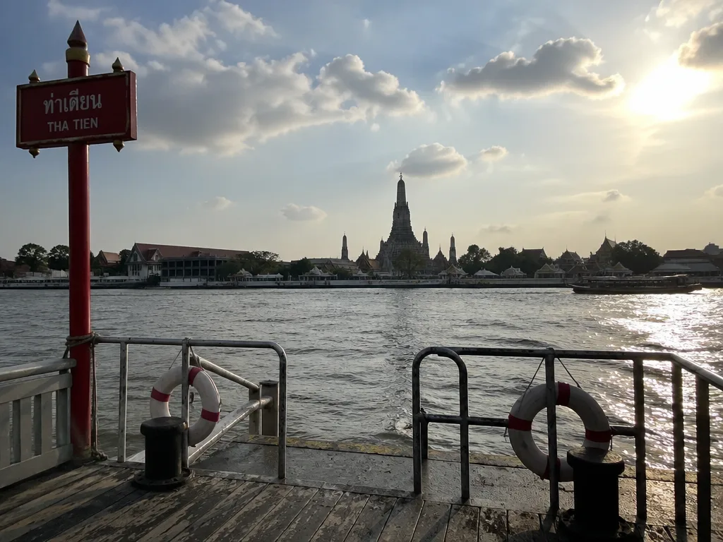 Tha Tien pier wooden boards with riverside view of Wat Arun