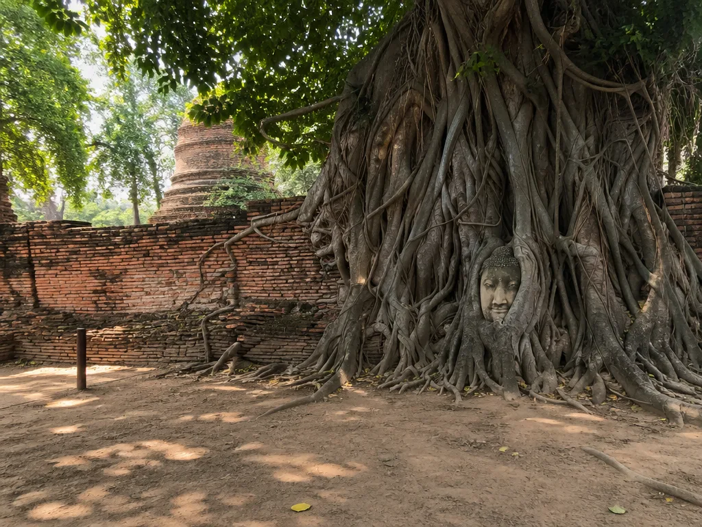 Ayutthaya stone Buddha head wrapped in tree roots Wat Mahathat