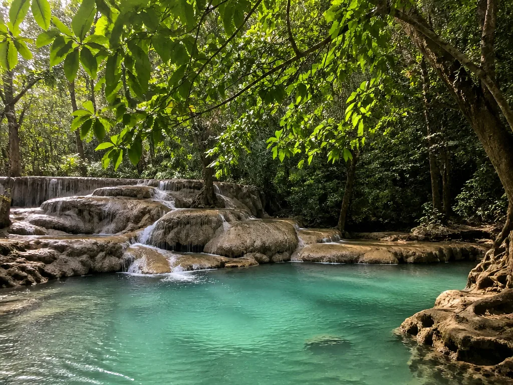 Erawan Falls turquoise pool with limestone tiers in Kanchanaburi