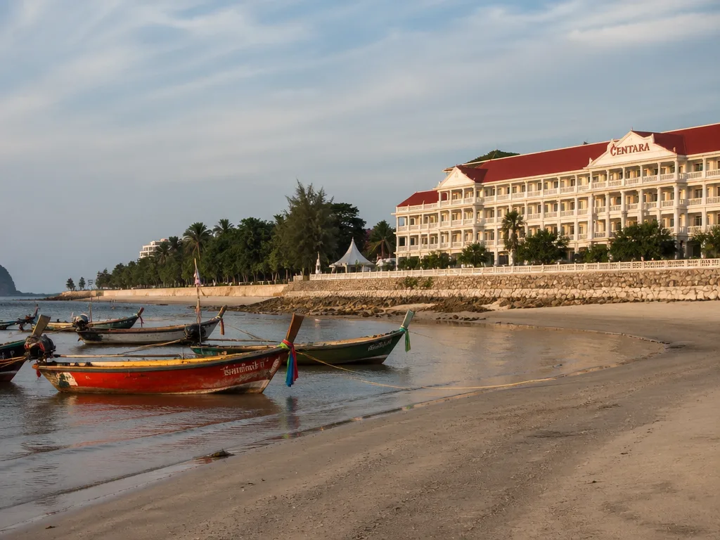 Hua Hin beach with traditional Thai longtail boats and colonial hotel