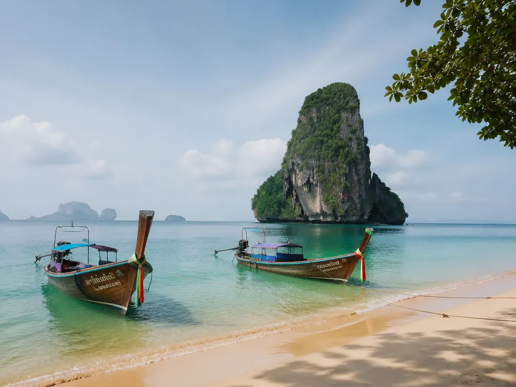普吉安达曼海岸碧绿海水与长尾船风景