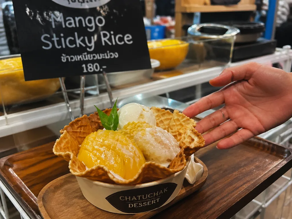 Mango sticky rice waffle bowl with coconut cream drizzle