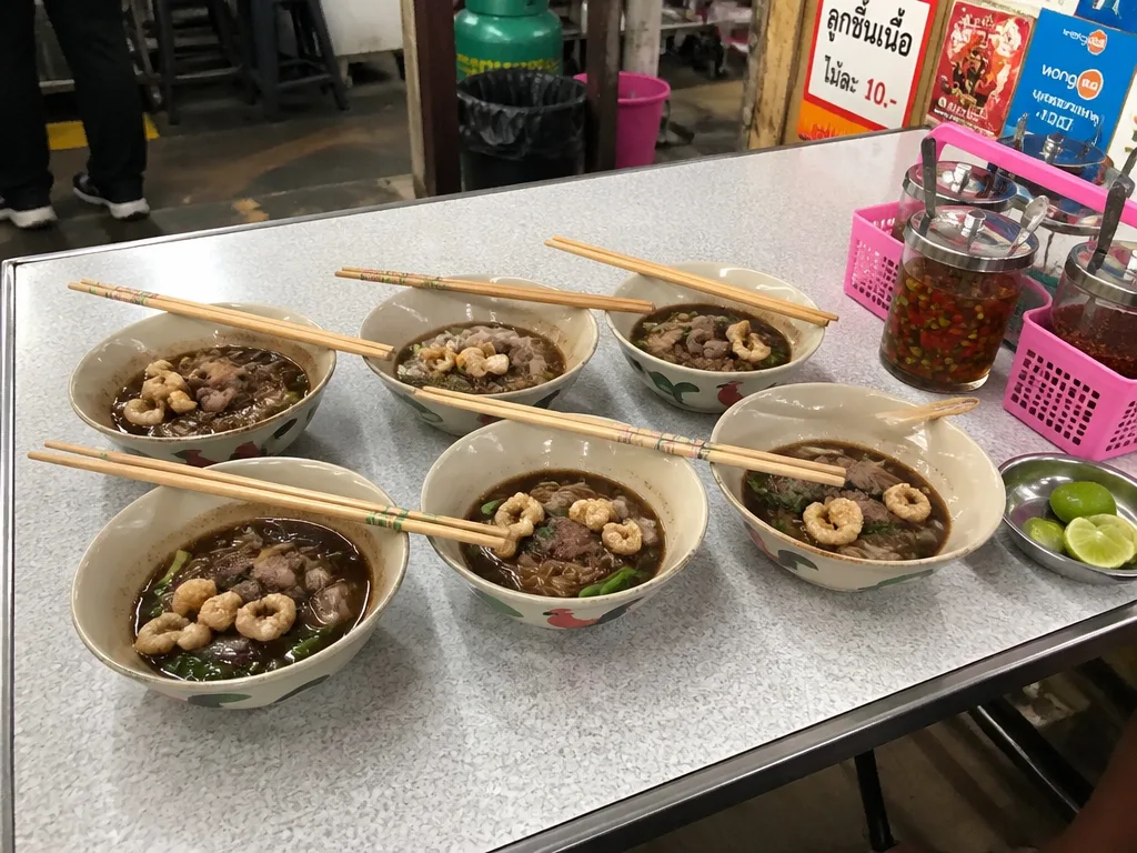 Tiny bowls of boat noodles lined up on a Formica table