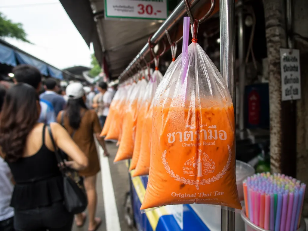 Thai iced tea in plastic bag with a straw