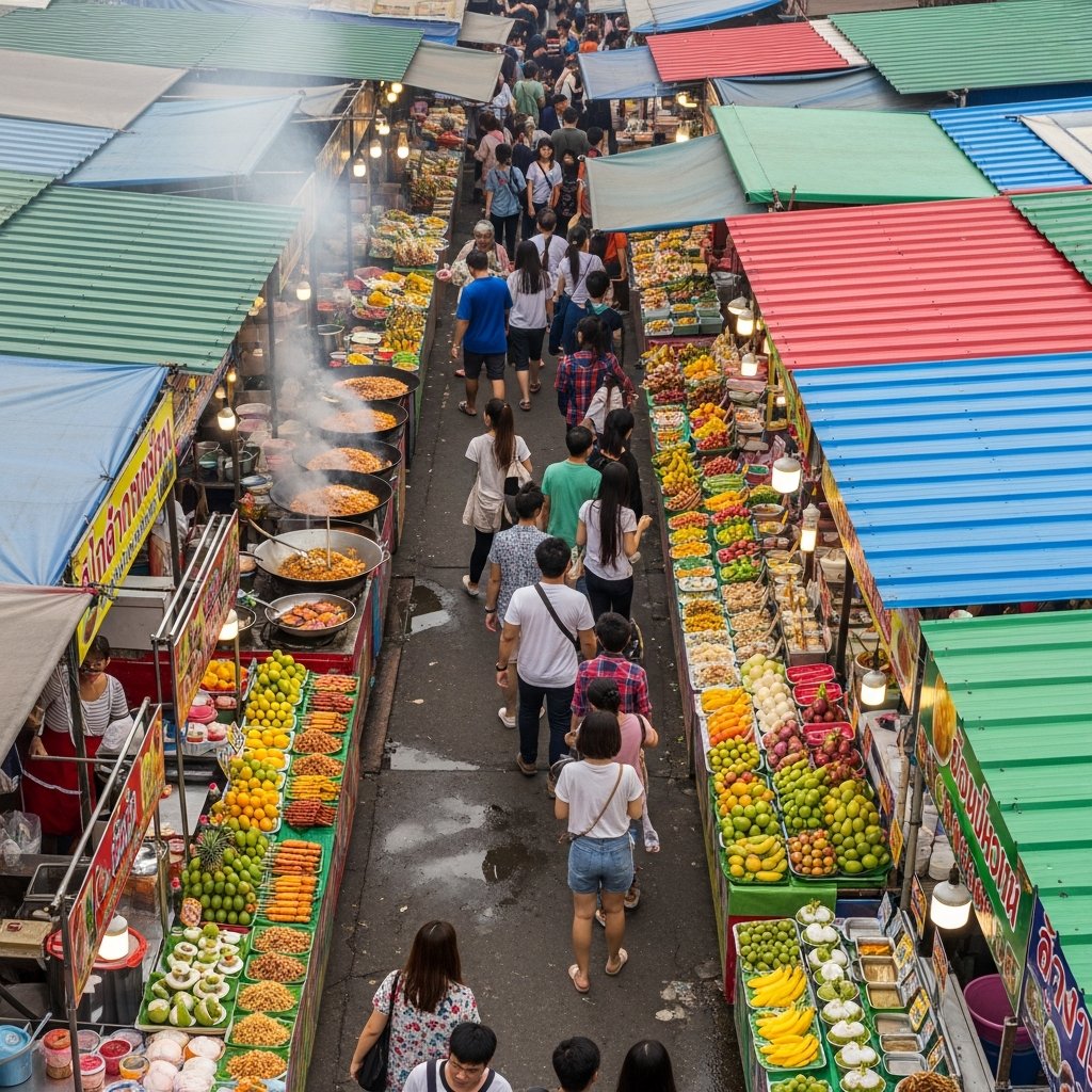 Vibrant fresh market stall with colorful Thai fruits, vegetables, and street snacks on display