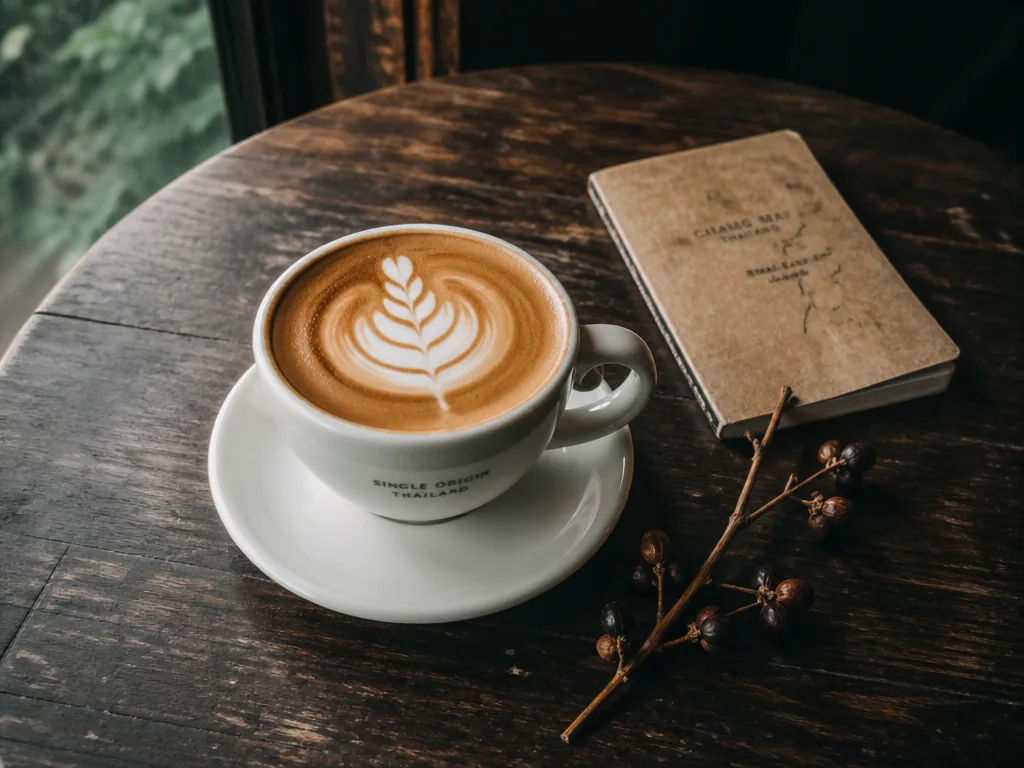 Specialty Thai latte art on dark wooden cafe table