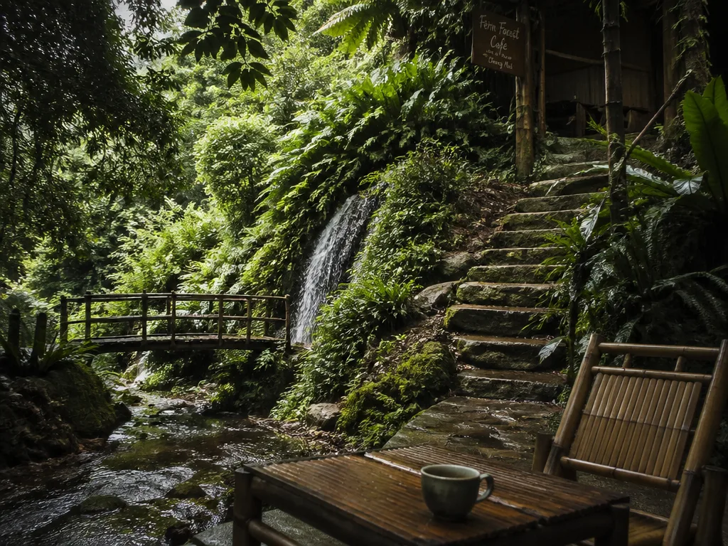 Fern jungle cafe terrace mossy stones waterfall