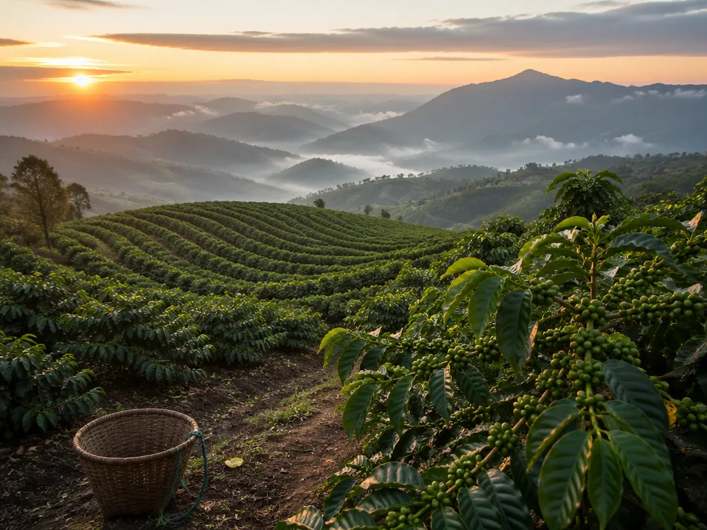 Northern Thailand coffee farm terraced hills sunrise