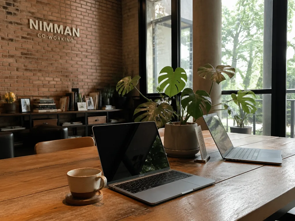 Nimmanhaemin coworking cafe interior with laptops and plants