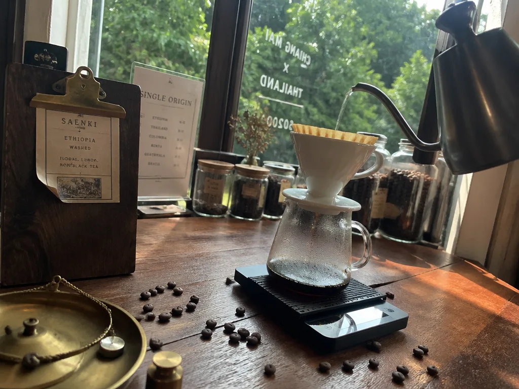 Specialty coffee pour-over bar at a Chiang Mai roastery counter