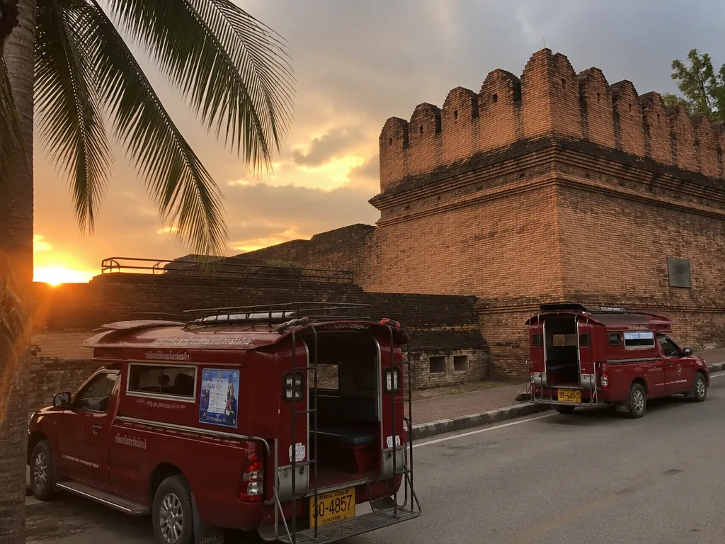Chiang Mai Old City brick moat wall at sunset golden hour