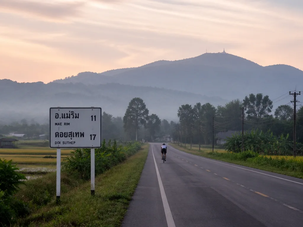 Quiet road heading north toward Mae Rim with Doi Suthep mountain