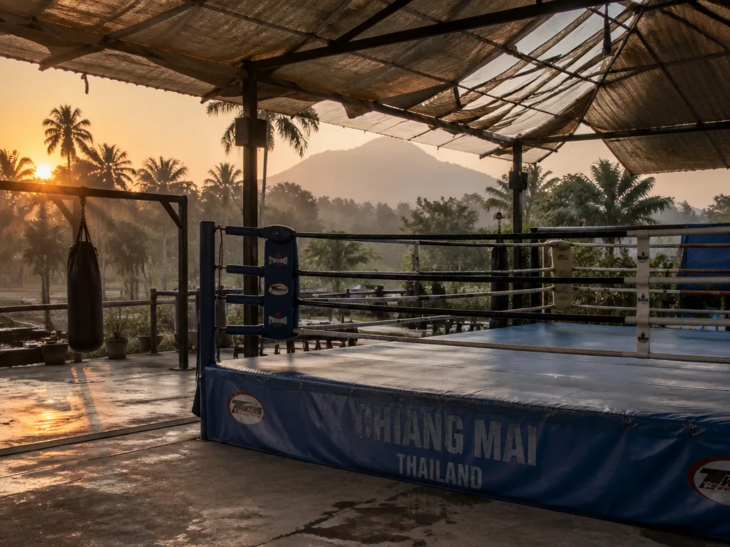 Outdoor muay thai training camp ring at sunrise in Chiang Mai