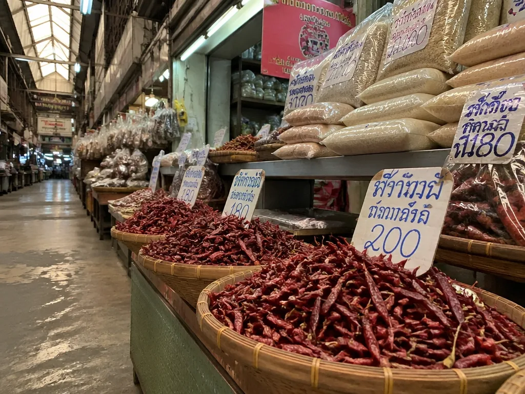 Warorot Market morning produce stalls with stacked baskets of dried chilies and sticky rice