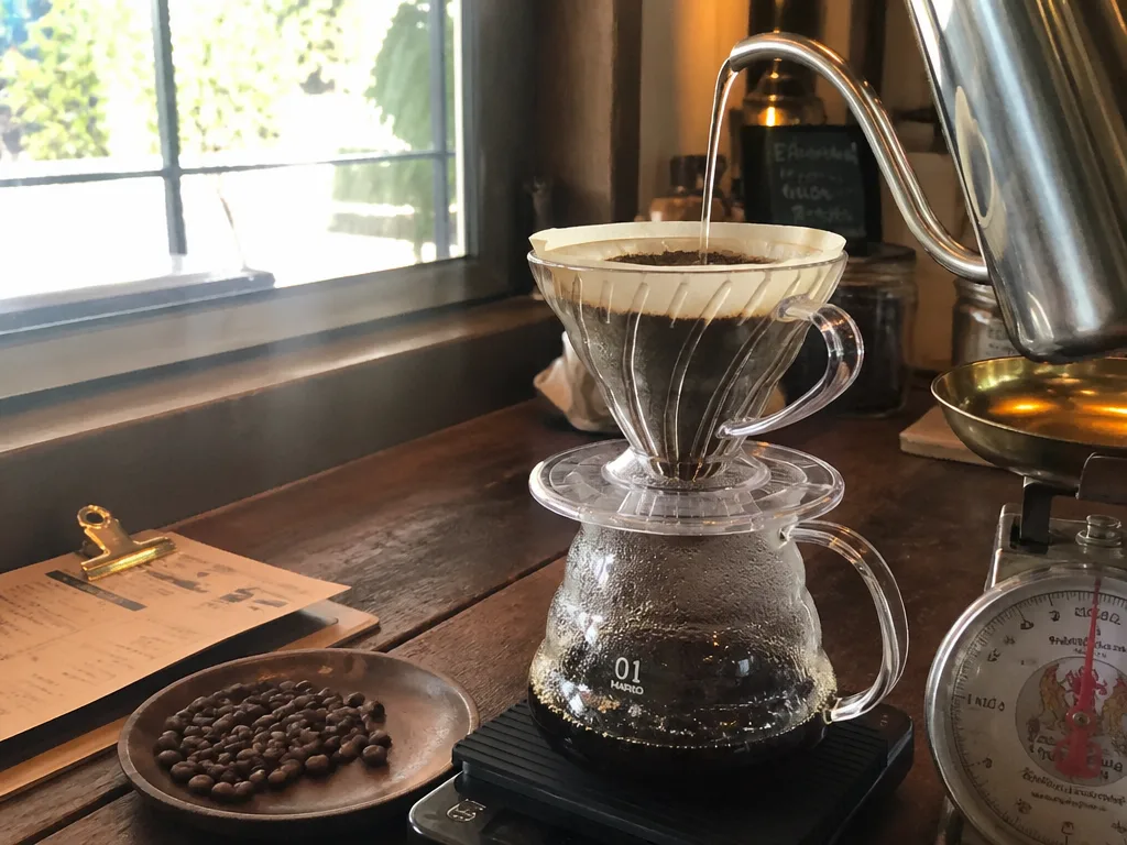 Pour-over coffee being brewed at a Chiang Mai specialty cafe with northern Thai beans