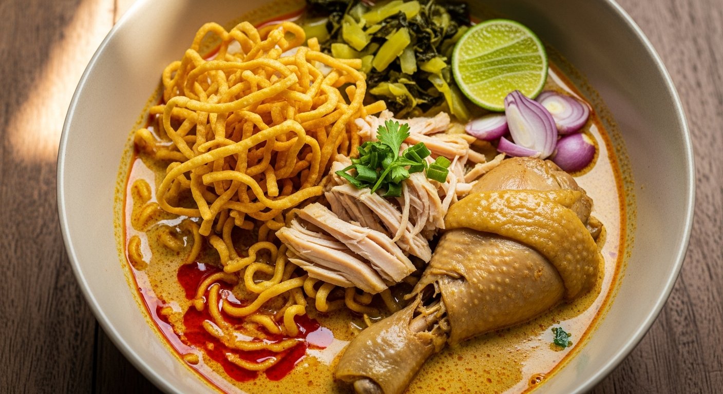 木テーブルにカオソーイ、カリカリ麺、辛子菜の漬物、鶏腿