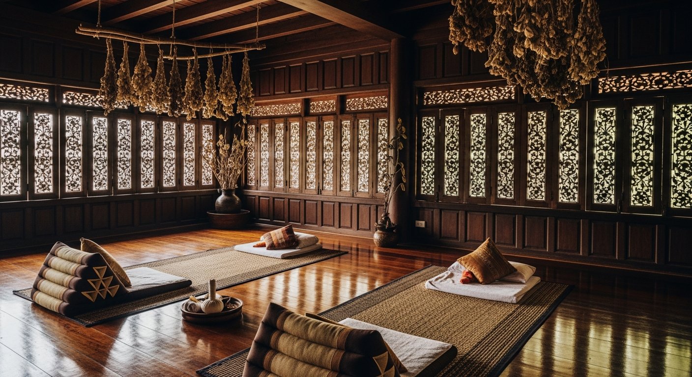 伝統タイマッサージルーム、低マット、自然光、吊るしハーブ