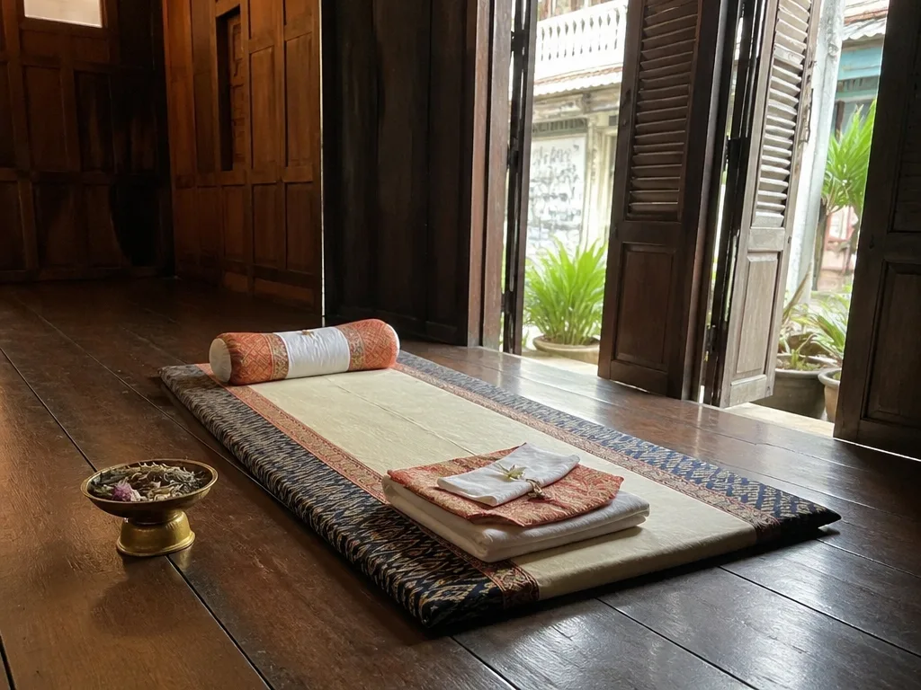 Traditional Lanna massage mat on dark teak floor with rolled neck bolster and folded cotton wrap