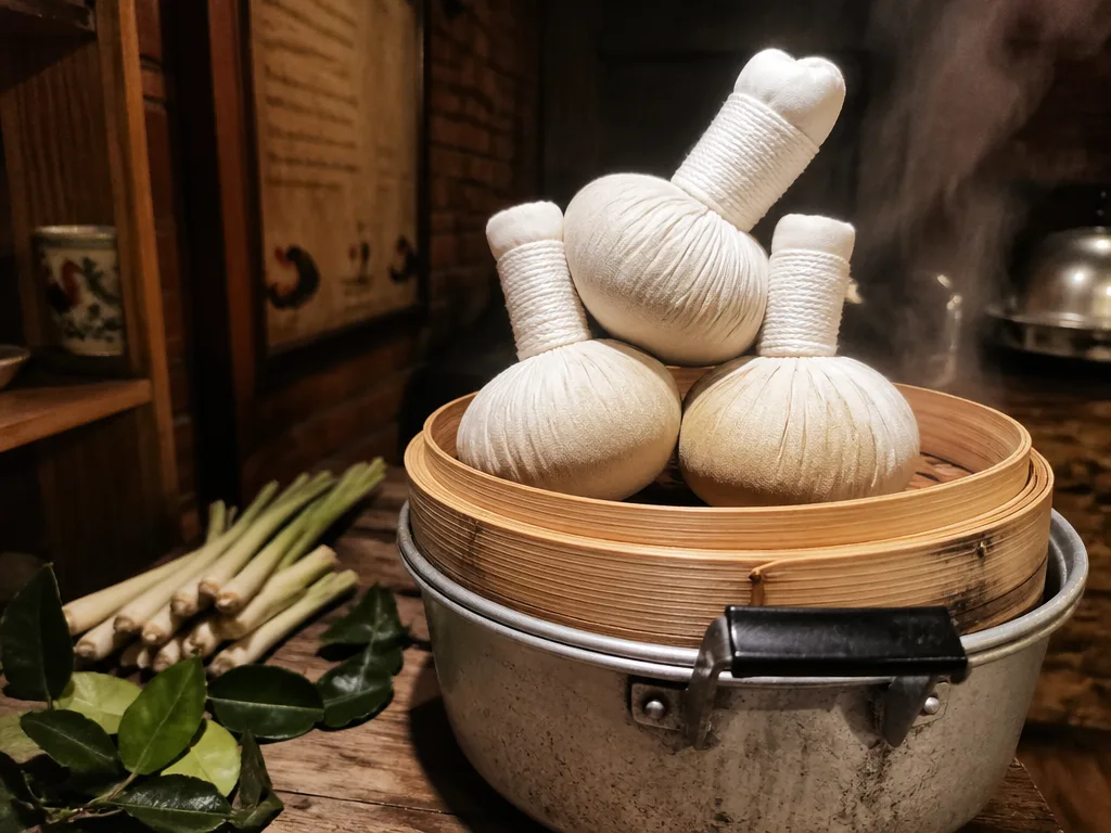 Stack of luk pra kop herbal compress balls steaming over a metal pot in a Chiang Mai spa