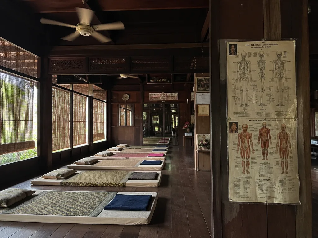 Old wooden teaching hall at a Chiang Mai massage school with rows of empty floor mats