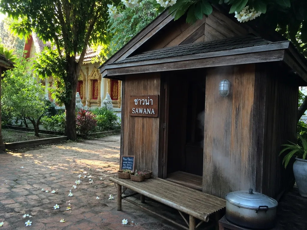 Small wooden herbal sauna hut with steaming pot and bamboo bench in a Chiang Mai temple garden