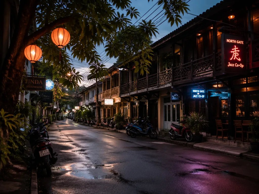 Chiang Mai shophouse street at dusk with hanging paper lanterns