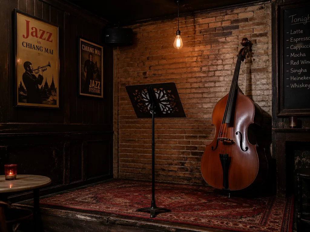 Empty jazz bar stage with upright bass and music stand