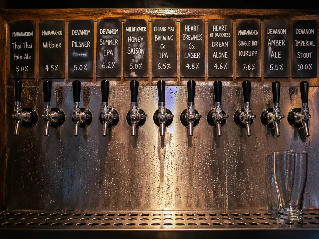 Craft beer taps with rotating Thai brewery handles in Nimman