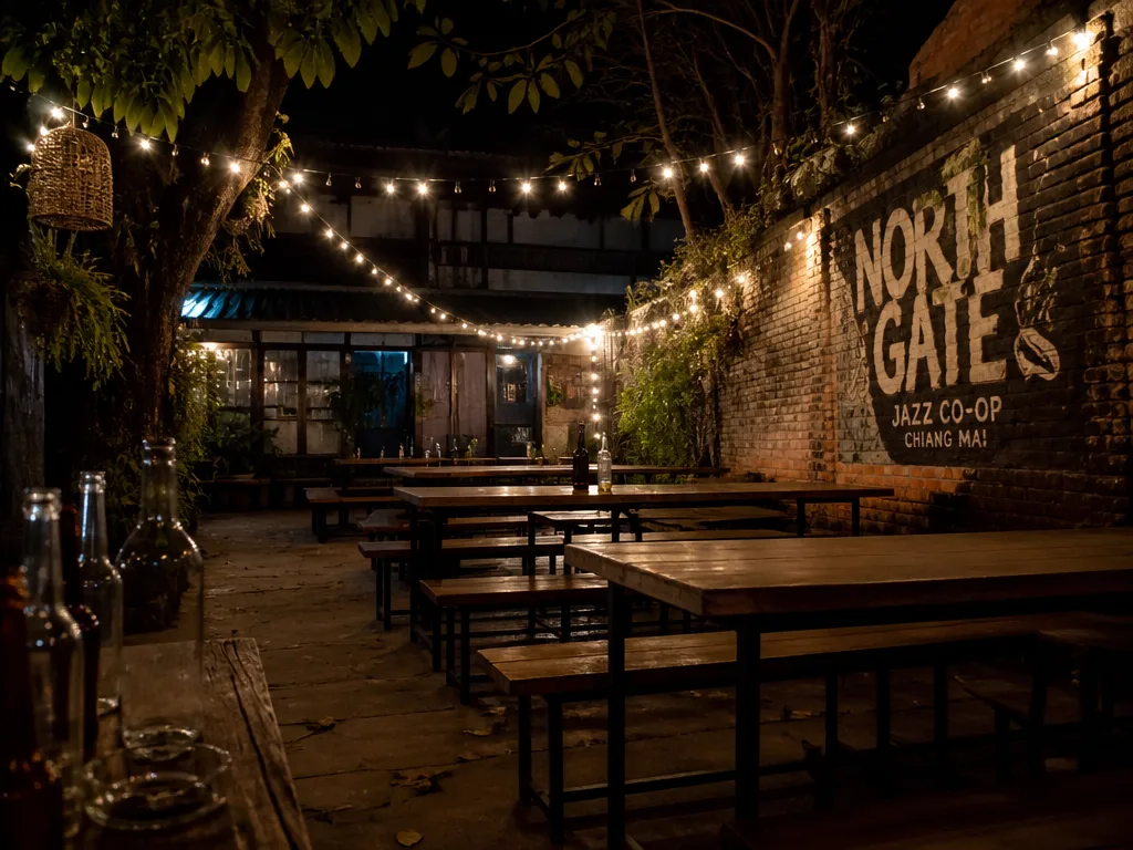 Old City Chiang Mai backpacker bar courtyard with wooden benches