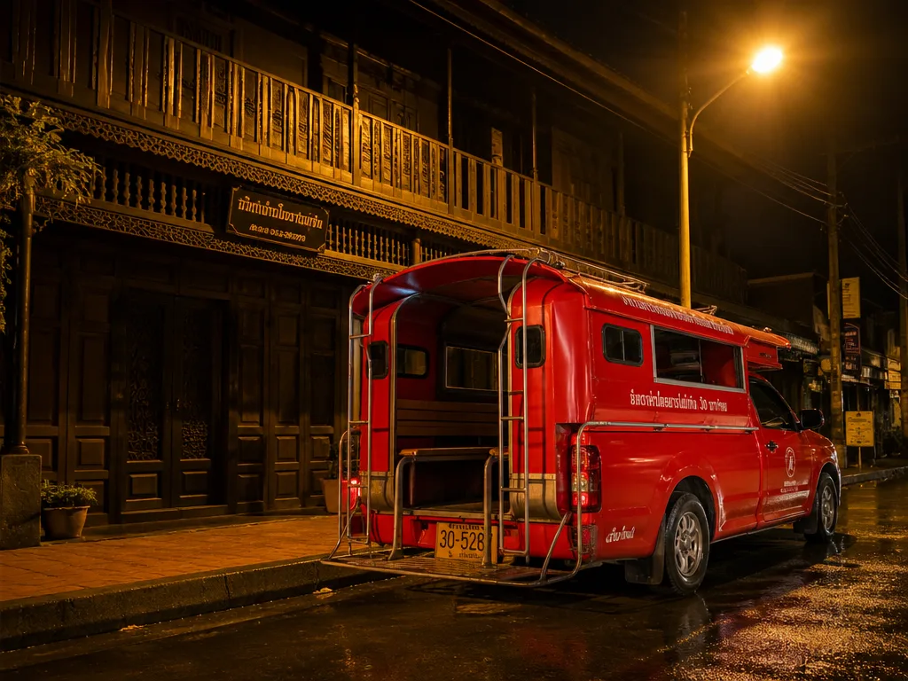 Songthaew red truck parked under street lamp in Chiang Mai