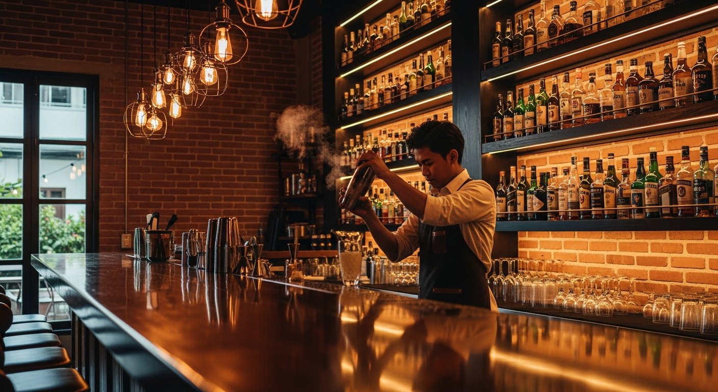 ニマンの暖色照明カクテルバー内部、バーテンダーがドリンク準備中