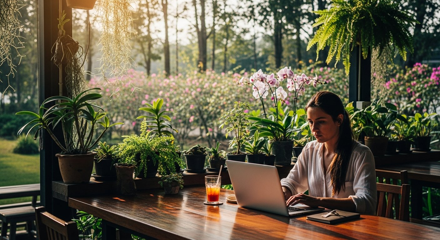 開放式コワーキングスペースの庭の景色でラップトップに作業するチェンマイノマド
