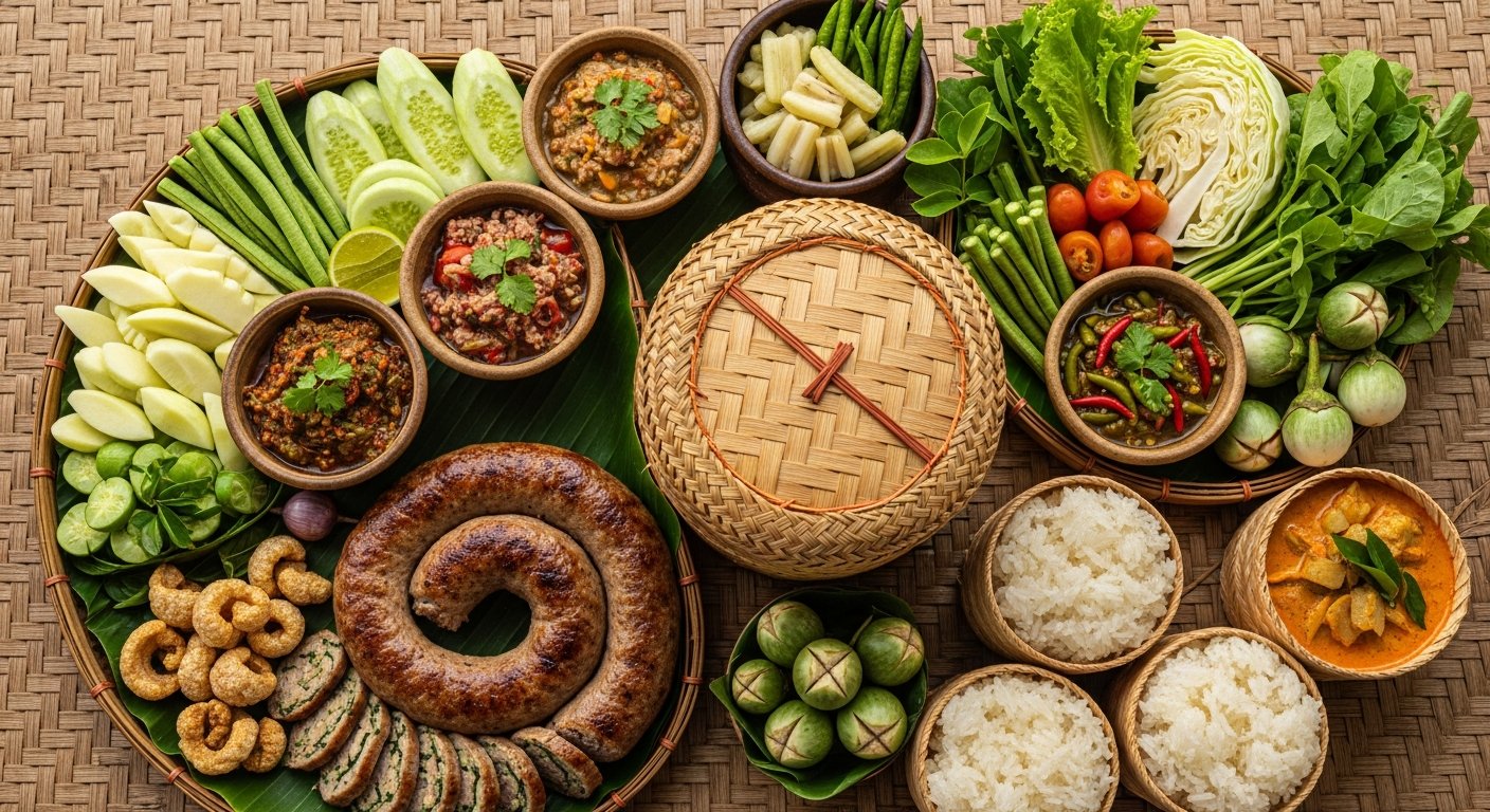 竹マットに北タイ料理:もち米、サイウア、ナムプリック