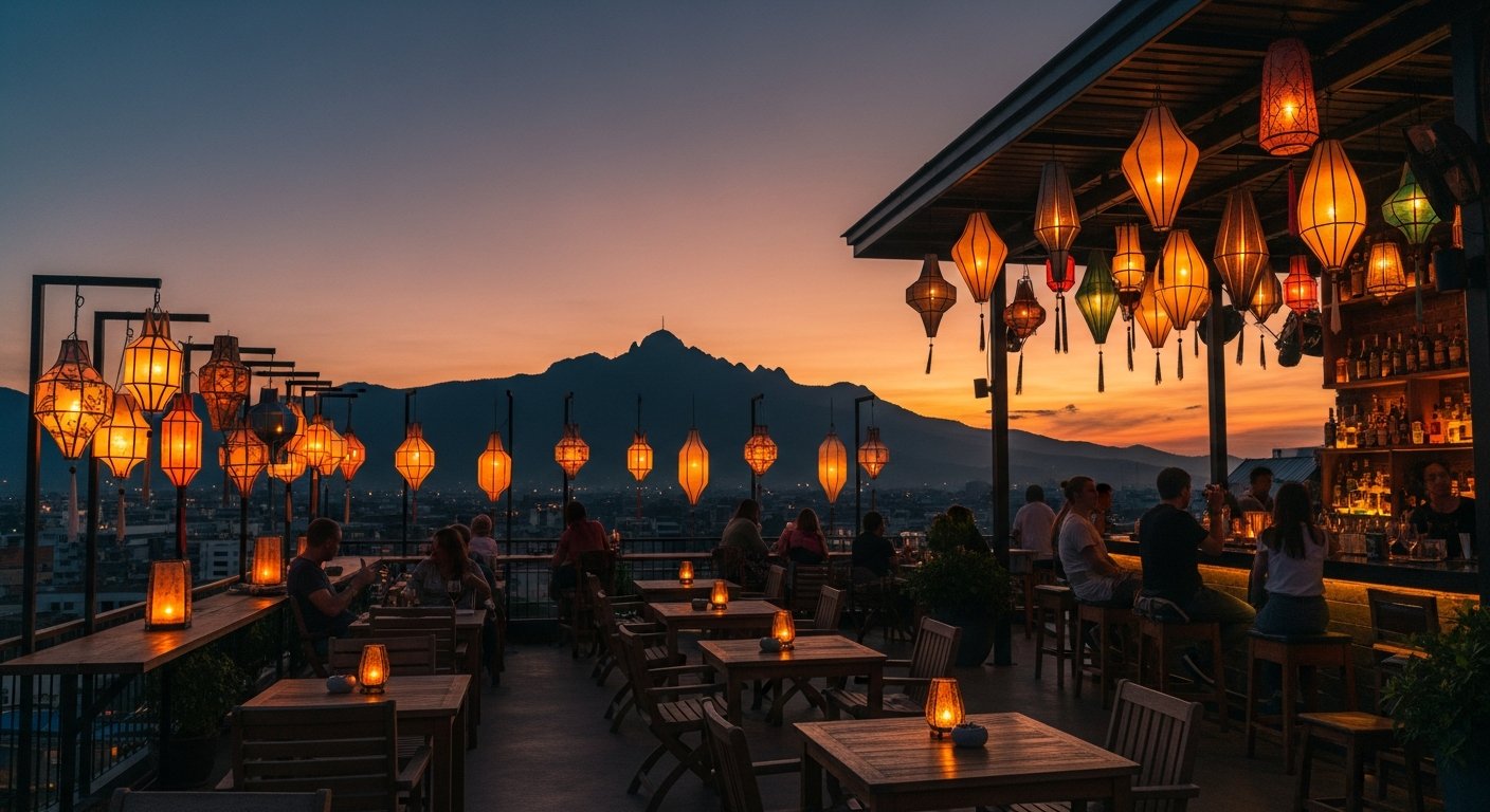 Outdoor rooftop bar with mountain silhouette view and lantern lighting
