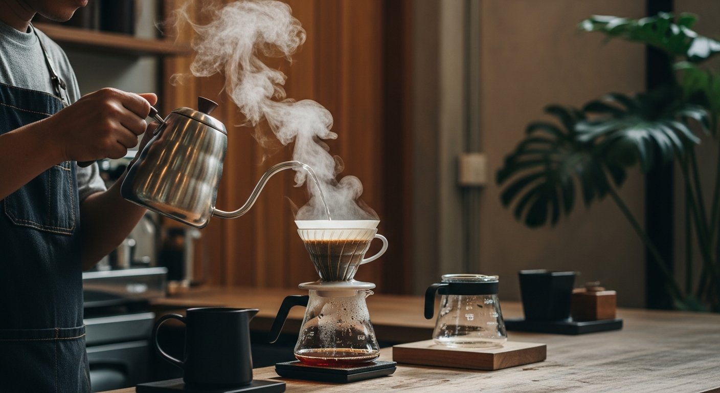 ミニマリストチェンマイカフェカウンターのスペシャルティコーヒー注ぎ