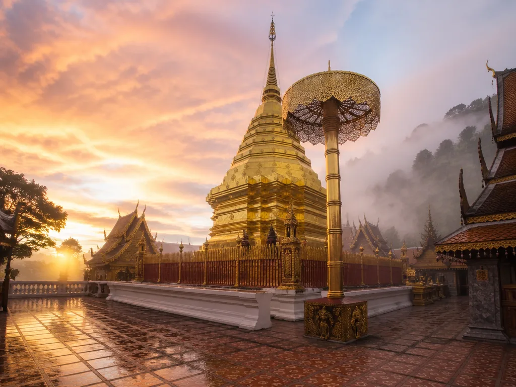 Wat Phra That Doi Suthep golden chedi morning view Chiang Mai