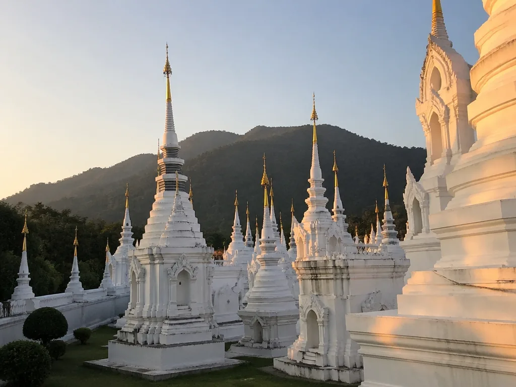 Wat Suan Dok white chedi cluster Doi Suthep mountain backdrop